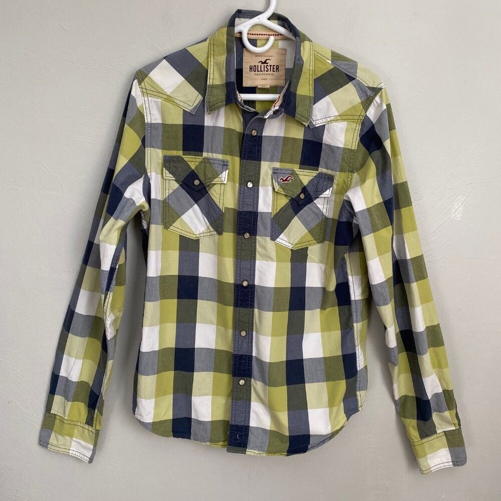 Hollister Green Black Plaid  Button Up Pearl Snap shirt Sz L Western Yoke Retro